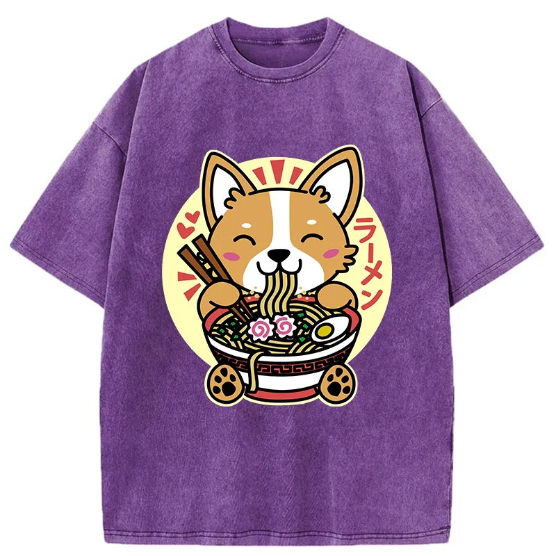 Tokyo-Tiger Corgi Eats Ramen Washed T-Shirt