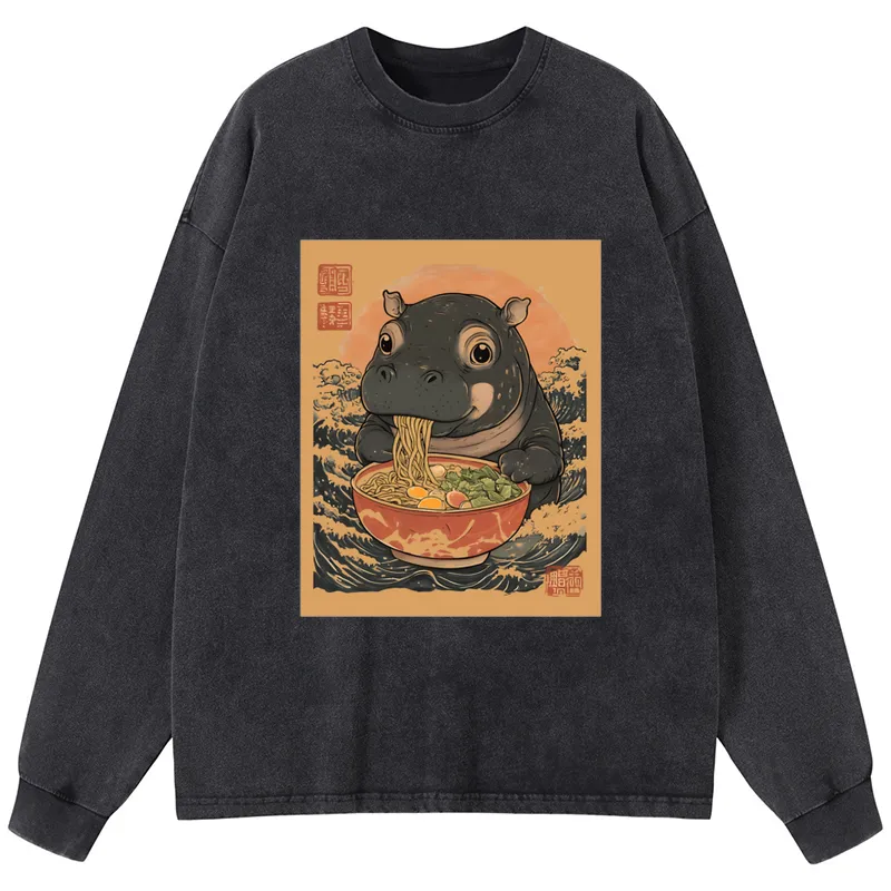 Tokyo-Tiger Moo Deng Eat Ramen Washed Long Sleeve T-Shirt Sale