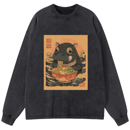 Tokyo-Tiger Moo Deng Eat Ramen Washed Long Sleeve T-Shirt