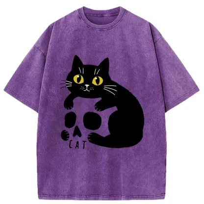 Tokyo-Tiger Cat And Skull Washed T-Shirt