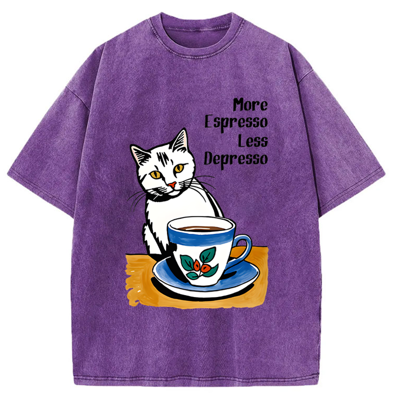 Tokyo-Tiger Cute Cat Drinking Coffee Washed T-Shirt