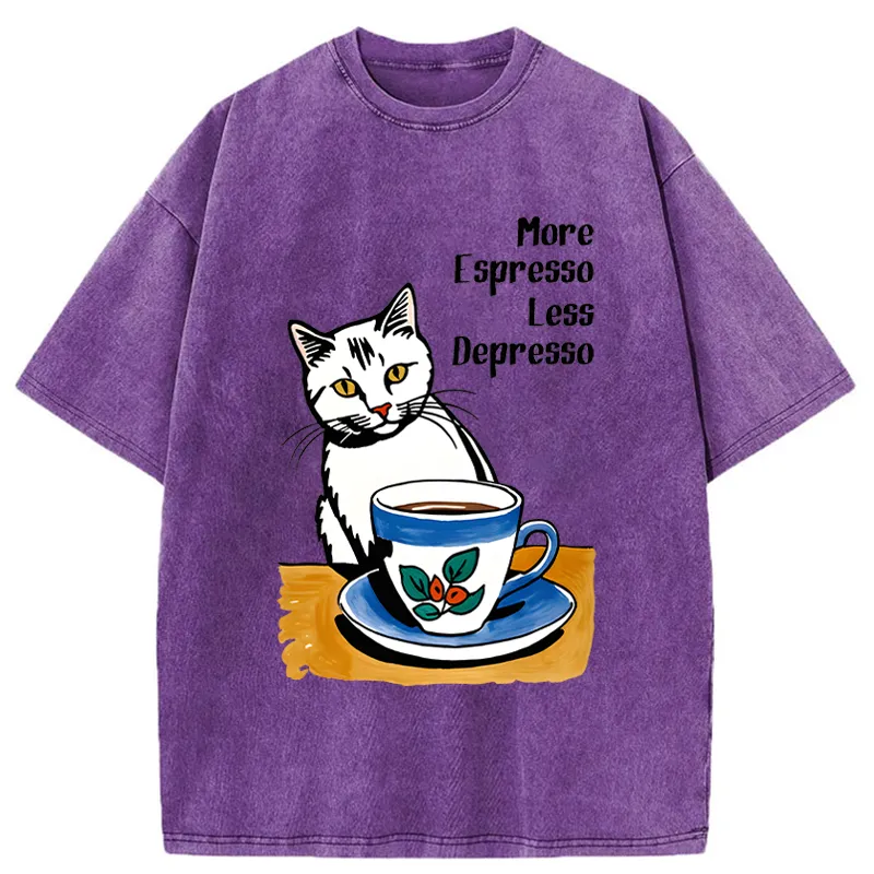 Tokyo-Tiger Cute Cat Drinking Coffee Washed T-Shirt