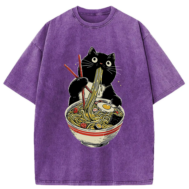 Tokyo-Tiger Black Cat Eats Ramen Japanese Washed T-Shirt