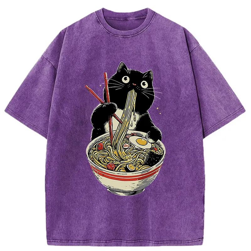 Tokyo-Tiger Black Cat Eats Ramen Japanese Washed T-Shirt Sale