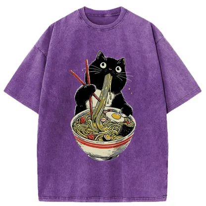 Tokyo-Tiger Black Cat Eats Ramen Japanese Washed T-Shirt