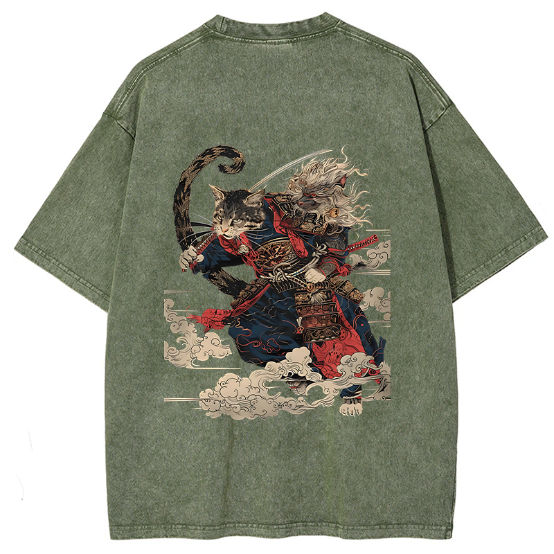 Tokyo-Tiger Gorgeous Samurai Cat Washed T-Shirt