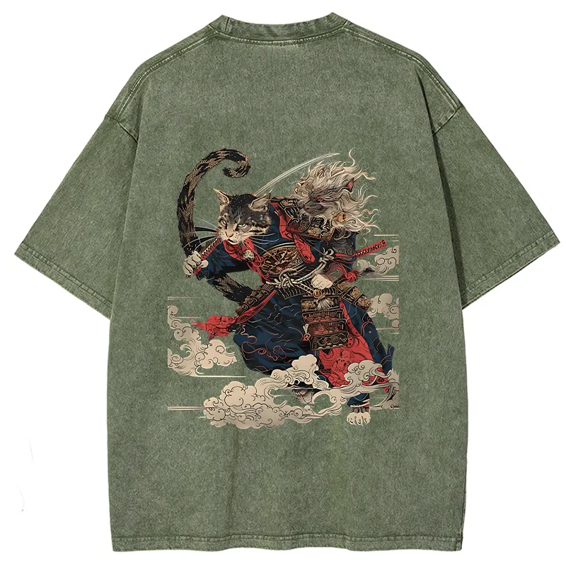 Tokyo-Tiger Gorgeous Samurai Cat Washed T-Shirt