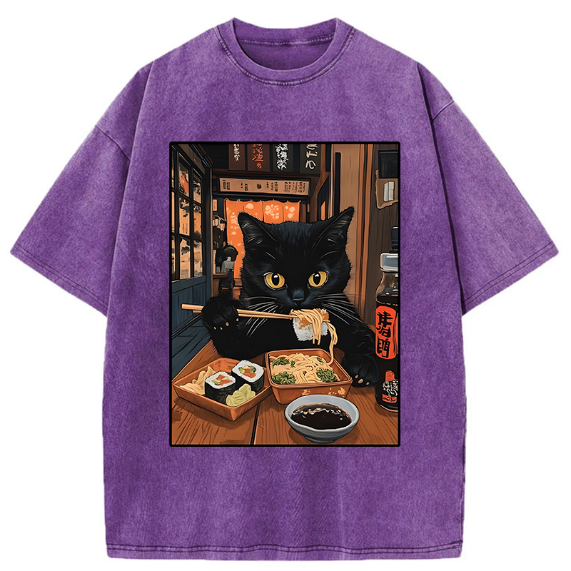 Tokyo-Tiger Black Cat Eating At Sushi Restaurant Washed T-Shirt