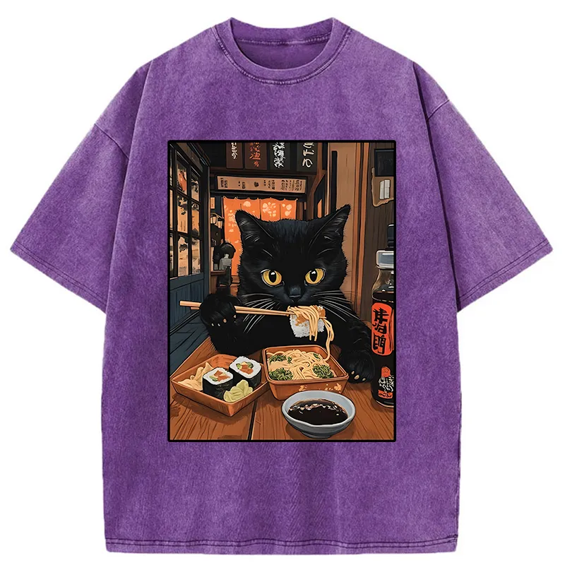Tokyo-Tiger Black Cat Eating At Sushi Restaurant Washed T-Shirt Sale