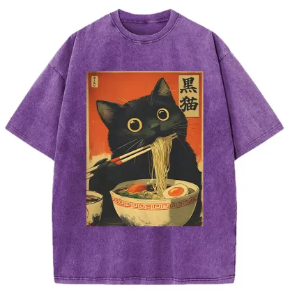 Tokyo-Tiger Black Cat Eats Japanese Ramen Retro Washed T-Shirt