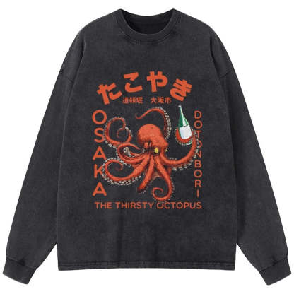 Tokyo-Tiger Octopus Drinks Soju Washed Long Sleeve T-Shirt