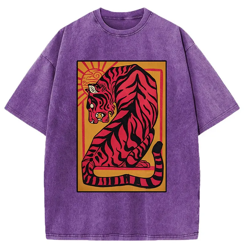 Tokyo-Tiger Powerful Tiger Woodcut Print Washed T-Shirt