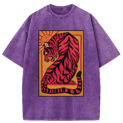 Tokyo-Tiger Powerful Tiger Woodcut Print Washed T-Shirt