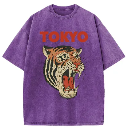 Tokyo-Tiger Retro Ukiyo-e Tiger Washed T-Shirt