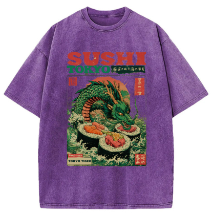 Tokyo-Tiger Ocean Dragon Sushi Washed T-Shirt