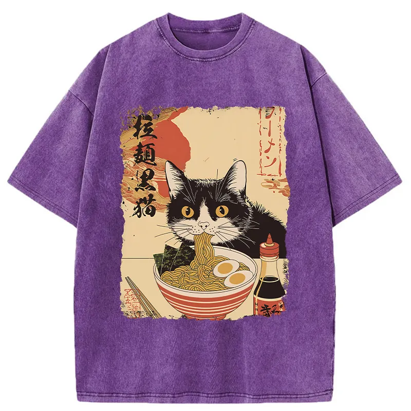 Tokyo-Tiger Black Cat Eats Ramen Japan Retro Washed T-Shirt