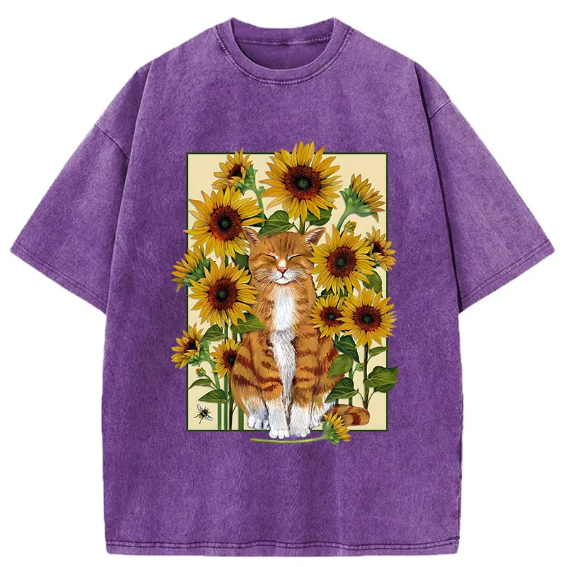 Tokyo-Tiger Sunflower And Orange Cat Washed T-Shirt Sale