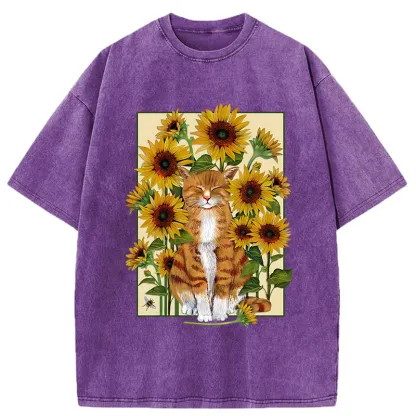 Tokyo-Tiger Sunflower And Orange Cat Washed T-Shirt