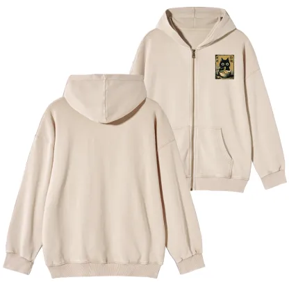 Tokyo-Tiger Cute Black Cat Eating Ramen Japan Washed Zip Hoodie