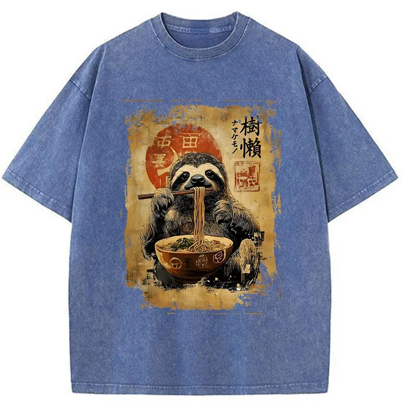 Tokyo-Tiger Sloth Eating Ramen Washed T-Shirt