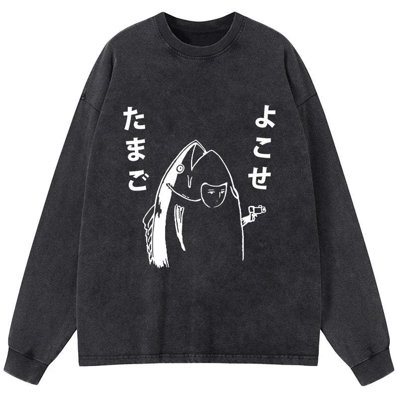 Tokyo-Tiger Give Me Egg Japanese Fish Washed Long Sleeve T-Shirt Sale