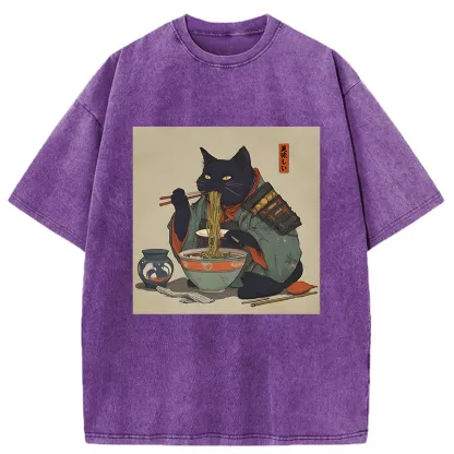 Tokyo-Tiger Cat Warrior Eating Ramen Washed T-Shirt