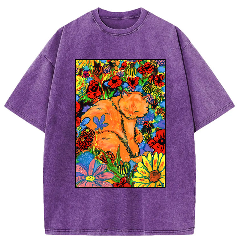 Tokyo-Tiger Colorful Orange Cats And Flowers Washed T-Shirt