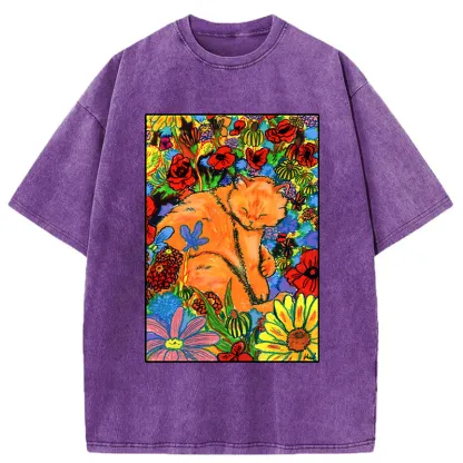 Tokyo-Tiger Colorful Orange Cats And Flowers Washed T-Shirt