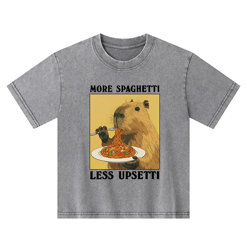 Tokyo-Tiger Capybara Eating Pasta Kids Washed T-Shirt