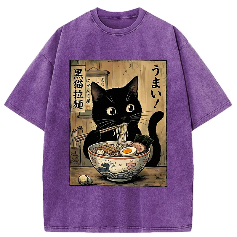 Tokyo-Tiger Black Cat Eats Delicious Japanese Ramen Washed T-Shirt