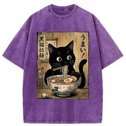 Tokyo-Tiger Black Cat Eats Delicious Japanese Ramen Washed T-Shirt