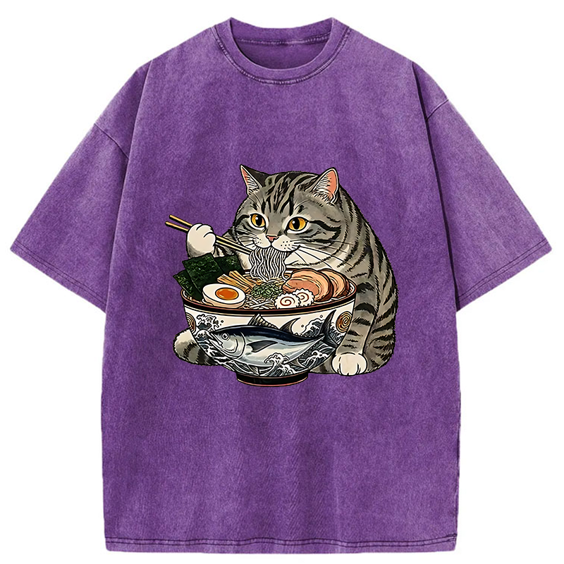 Tokyo-Tiger Fat Cat Eats Delicious Japanese Ramen Washed T-Shirt