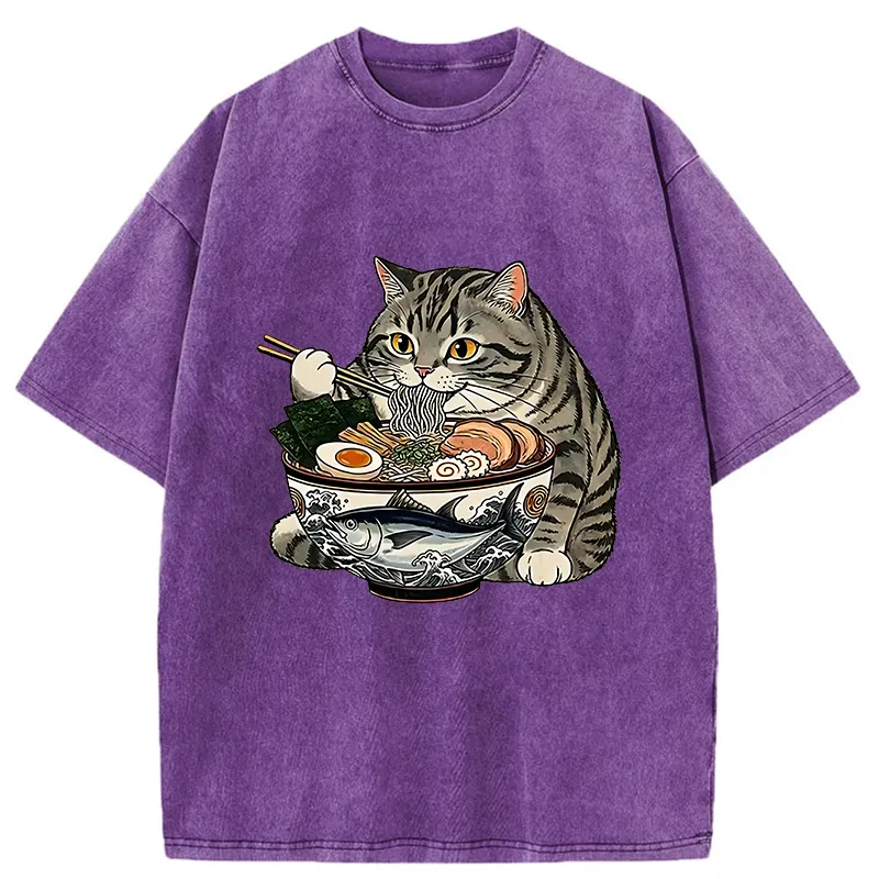 Tokyo-Tiger Fat Cat Eats Delicious Japanese Ramen Washed T-Shirt