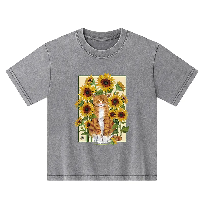 Tokyo-Tiger Sunflower And Orange Cat Kids Washed T-Shirt