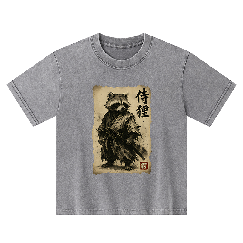 Tokyo-Tiger Retro Raccoon Samurai Kids Washed T-Shirt