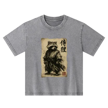 Tokyo-Tiger Retro Raccoon Samurai Kids Washed T-Shirt