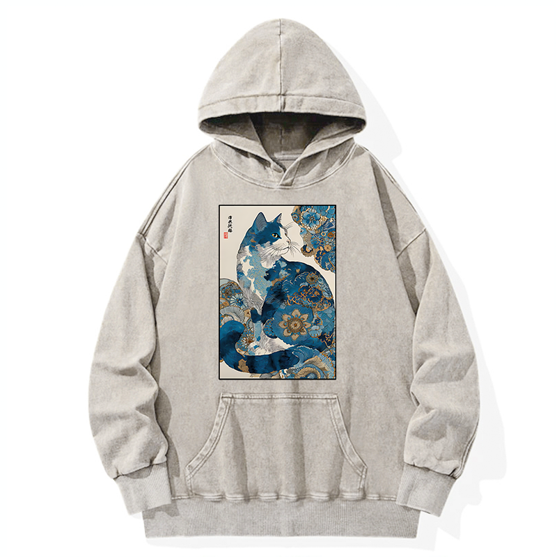 Tokyo-Tiger Japanese Ukiyo-e Flowers Cat Washed Hoodie
