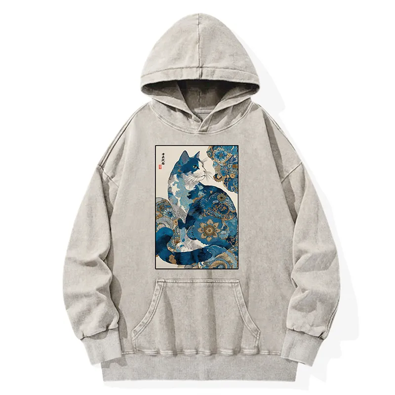 Tokyo-Tiger Japanese Ukiyo-e Flowers Cat Washed Hoodie