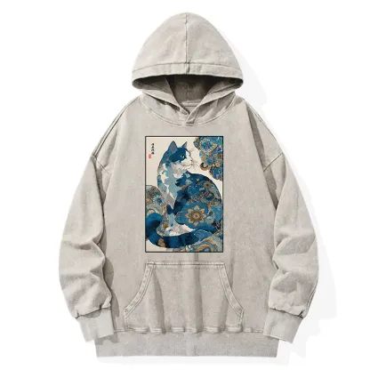 Tokyo-Tiger Japanese Ukiyo-e Flowers Cat Washed Hoodie