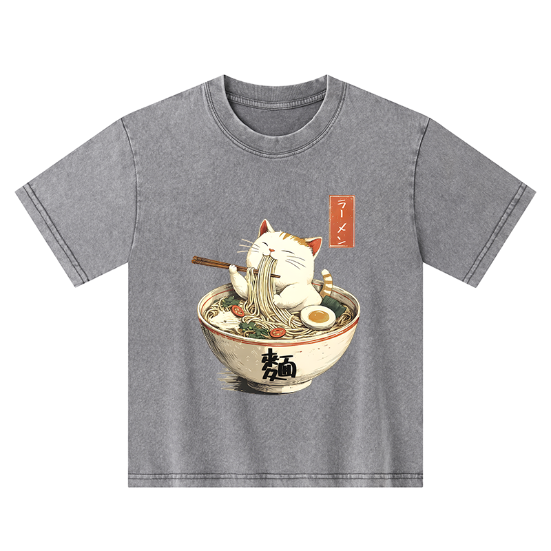 Tokyo-Tiger White Cat Eating Ramen Japan Kids Washed T-Shirt