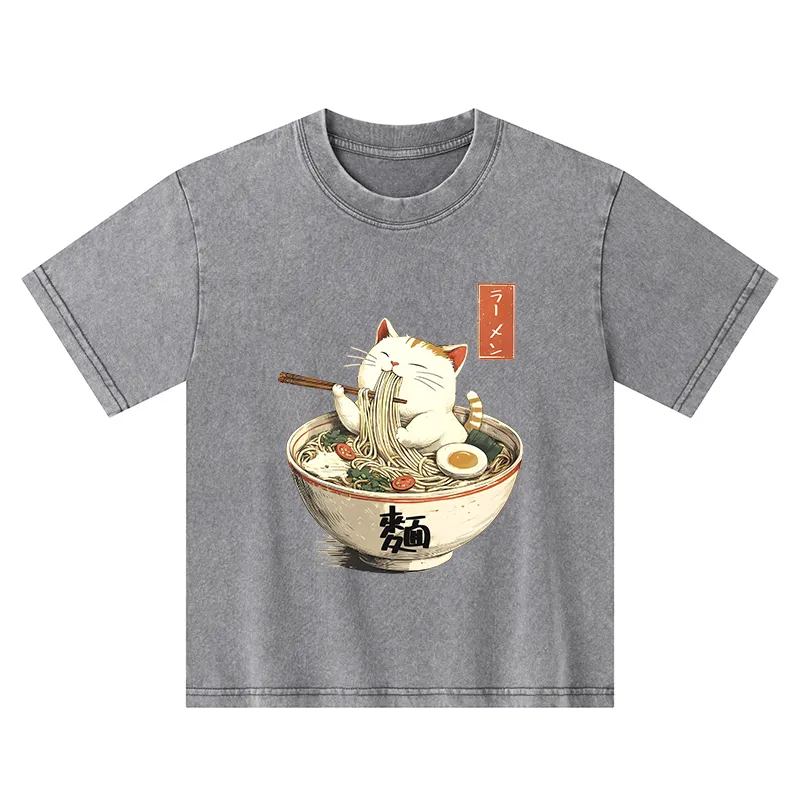Tokyo-Tiger White Cat Eating Ramen Japan Kids Washed T-Shirt
