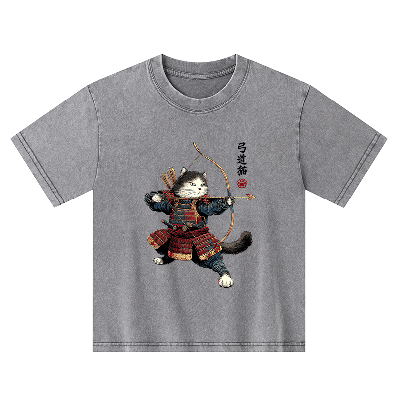 Tokyo-Tiger Kyudo Samurai Cat Kids Washed T-Shirt