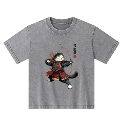 Tokyo-Tiger Kyudo Samurai Cat Kids Washed T-Shirt
