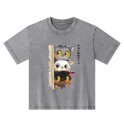 Tokyo-Tiger Three Cats Secretly Monitor Their Owner Kids Washed T-Shirt