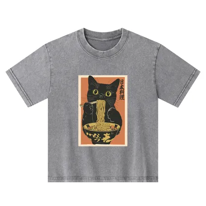 Tokyo-Tiger Black Cat Eats Japan Ramen Kids Washed T-Shirt