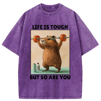 Tokyo-Tiger Capybara Lifting Weights Washed T-Shirt