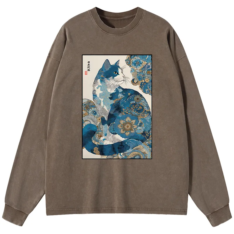 Tokyo-Tiger Japanese Ukiyo-e Flowers Cat Washed Long Sleeve T-Shirt