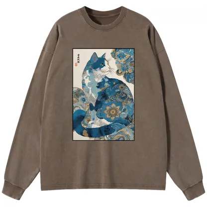 Tokyo-Tiger Japanese Ukiyo-e Flowers Cat Washed Long Sleeve T-Shirt