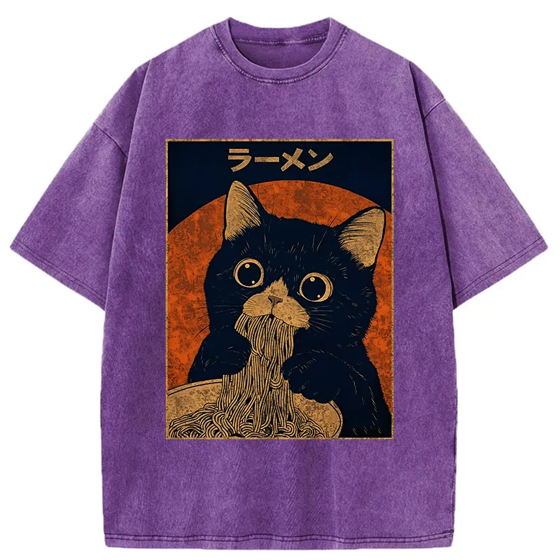 Tokyo-Tiger Retro Black Cat Eats Delicious Ramen Washed T-Shirt