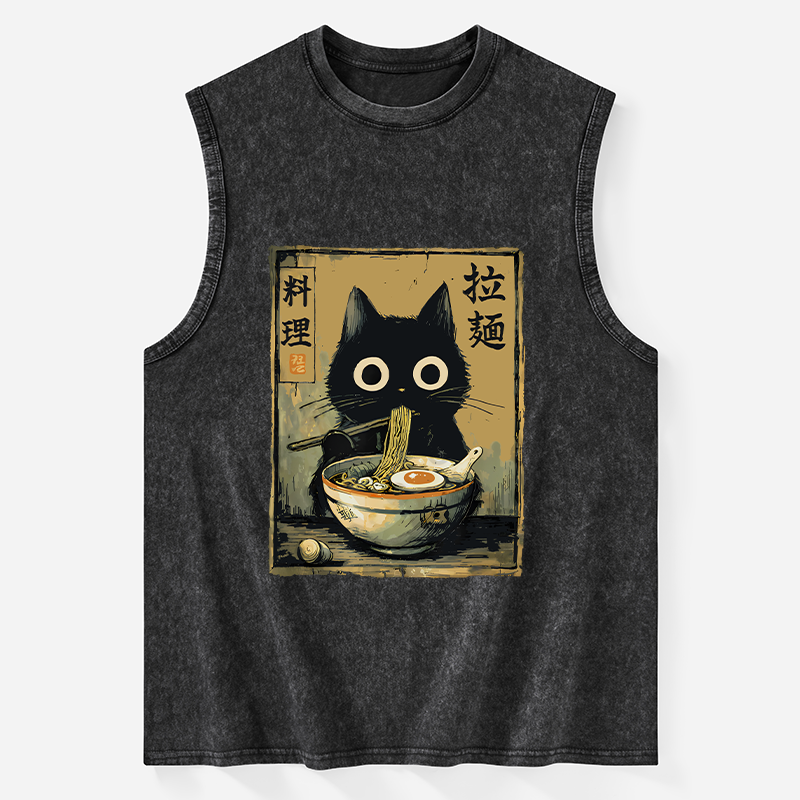Tokyo-Tiger Cute Black Cat Eating Ramen Japan Washed Tank